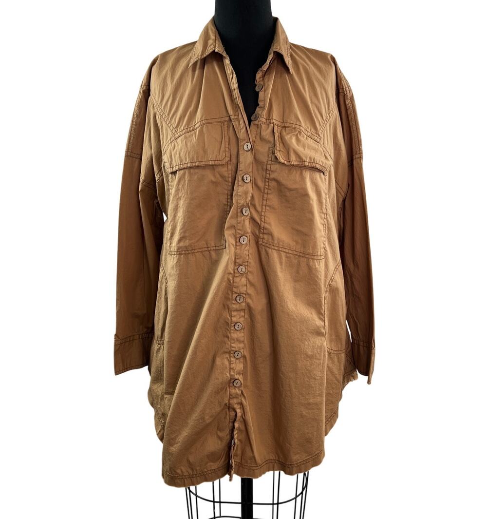 We The Free Brown Shirt Dress Cotton Collared Curved Hem Button-Up Size X-Small